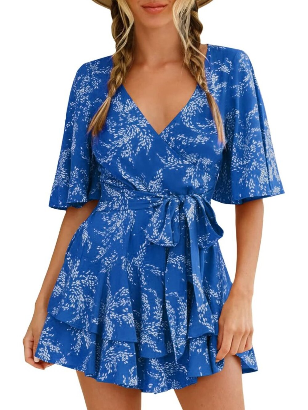 Womens Summer Short Flared Sleeve Romper V Neck Floral Print Jumpsuit Waist Tie